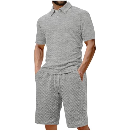 EMATOP Herren Lässiges Tracksuit Baumwolle Sommer Outfit Regular Fit Sportanzug Bequeme Leicht Jogginganzug 2-teiliges Einfarbig Poloshirt und Shorts Freizeitanzug mit Taschen Trainingsanzug von EMATOP