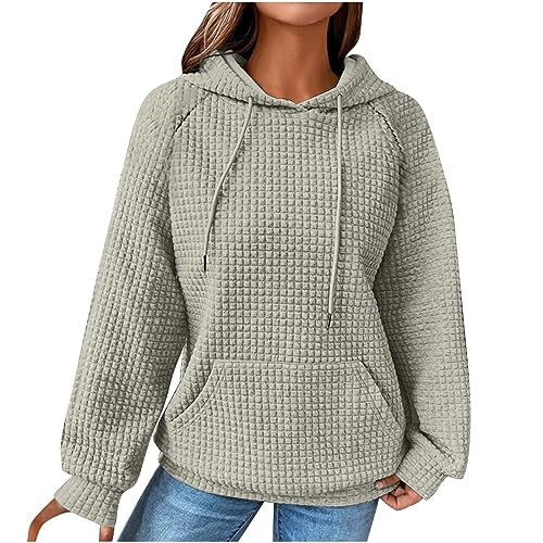 EMATOP Hoodie Damen Causal Baumwolle Kapuzenpullover Mode Waffel Sweatshirt mit Kapuze Pullover Langarm Einfarbig Kapuzenpulli Oberteile Herbst Winter Sport Langarmshirt Pulli Streetwear von EMATOP