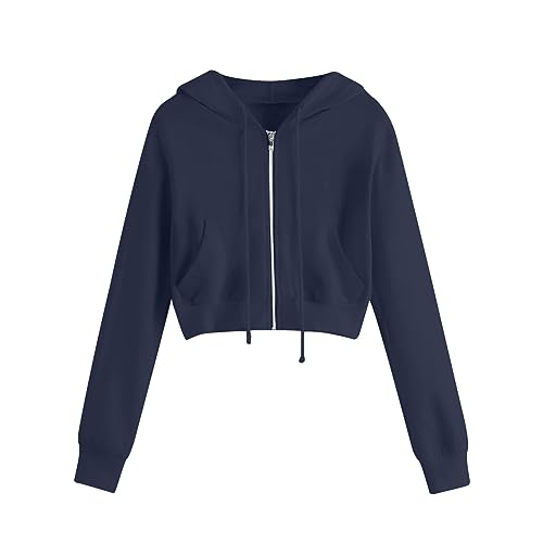 EMATOP Hoodie Damen Kurz Bauchfrei Sweatjacke Casual Sport Kapuzenjacke Langarm Cropped Jacke mit Kapuze Sweatshirt Baumwolle Einfarbig Kapuzenpullover Herbst Winter Dünn Sportjacke Pullover von EMATOP