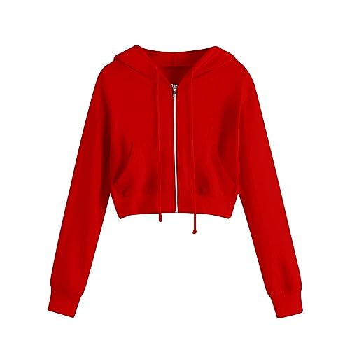 EMATOP Hoodie Damen Kurz Bauchfrei Sweatjacke Casual Sport Kapuzenjacke Langarm Cropped Jacke mit Kapuze Sweatshirt Baumwolle Einfarbig Kapuzenpullover Herbst Winter Dünn Sportjacke Pullover von EMATOP