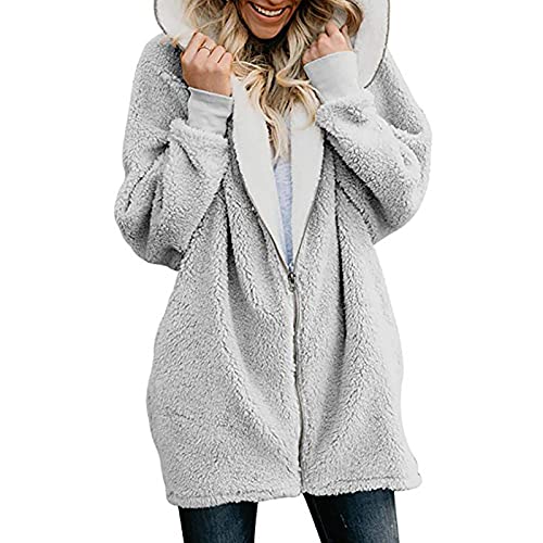 EMATOP Hoodie Damen Oversize Fleecejacke Warm Plüsch Winterjacke Lässiges Baggy Strickjacke Einfarbig Elegant Kapuzenjacke Flauschig Lange Cardigan Jacke Baumwolle Pullover für Herbst Winter von EMATOP