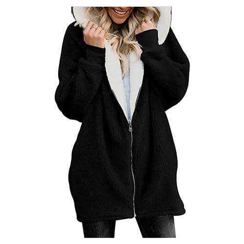 EMATOP Hoodie Damen Oversize Fleecejacke Warm Plüsch Winterjacke Lässiges Baggy Strickjacke Einfarbig Elegant Kapuzenjacke Flauschig Lange Cardigan Jacke Baumwolle Pullover für Herbst Winter von EMATOP