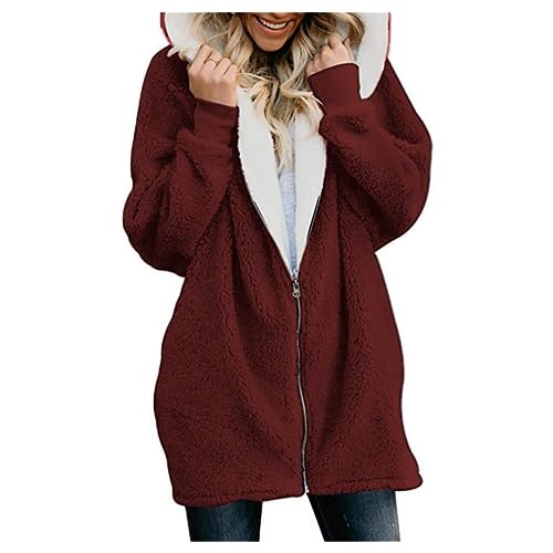 EMATOP Hoodie Damen Oversize Fleecejacke Warm Plüsch Winterjacke Lässiges Baggy Strickjacke Einfarbig Elegant Kapuzenjacke Flauschig Lange Cardigan Jacke Baumwolle Pullover für Herbst Winter von EMATOP