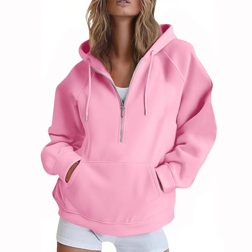 EMATOP Hoodie Damen Sportlich Langarm Sweatshirt Jacke Einfarbig Lässig Kapuzenpullover Leichte Elegant Pullover mit Kapuze Sweatjacke 1/2 Zipper Sportjacke Baumwolle Bequem Kapuzenpulli Outwear von EMATOP