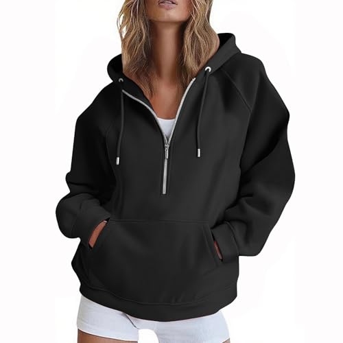 EMATOP Hoodie Damen Sportlich Langarm Sweatshirt Jacke Einfarbig Lässig Kapuzenpullover Leichte Elegant Pullover mit Kapuze Sweatjacke 1/2 Zipper Sportjacke Baumwolle Bequem Kapuzenpulli Outwear von EMATOP