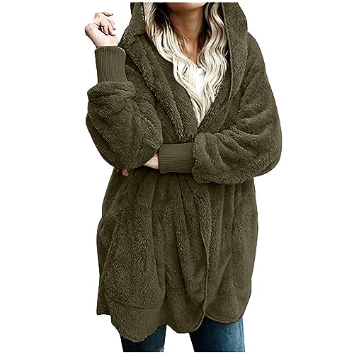 EMATOP Hoodie Jacke Damen Langarm Wintermantel Winter Warm Plüschjacke mit Kapuze Strickjacke Lang Fleece Kapuzenjacke Flauschig Einfarbig Cardigan Casual Lose Fleecejacke Oversize Mantel von EMATOP