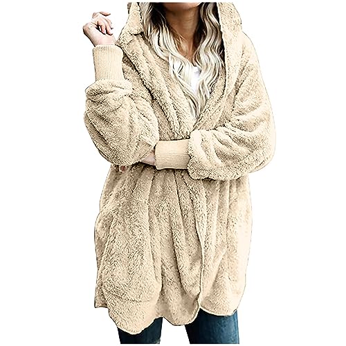 EMATOP Hoodie Jacke Damen Langarm Wintermantel Winter Warm Plüschjacke mit Kapuze Strickjacke Lang Fleece Kapuzenjacke Flauschig Einfarbig Cardigan Casual Lose Fleecejacke Oversize Mantel von EMATOP