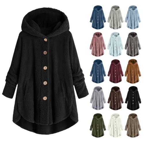 EMATOP Hoodie Jacke Damen Warm Langarm Fleecejacke Teddy-Fleece Pullover Winter Outdoor Teddyjacke mit Kapuze Plüschjacke Einfarbig Casual Wintermantel Kuschelig Flauschig Freizeitjacke Mantel von EMATOP