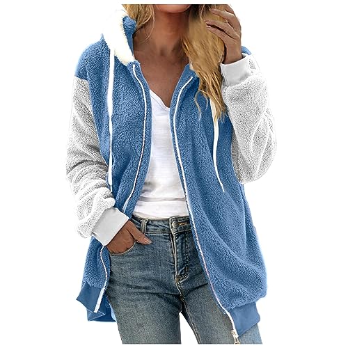 EMATOP Hoodie Pullover Damen Teddy Warm Plüschjacke Lässige Farbblock Kapuzenjacke Herbst Winter Langarm Jacken mit Kapuze Winterjacke Baumwolle Leicht übergangsjacke Kuschelig Fleecejacke von EMATOP