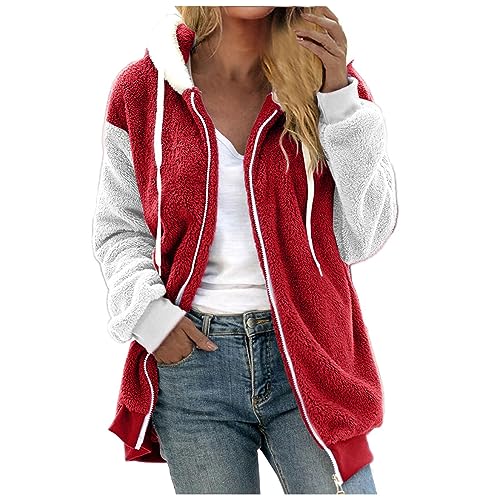 EMATOP Hoodie Pullover Damen Teddy Warm Plüschjacke Lässige Farbblock Kapuzenjacke Herbst Winter Langarm Jacken mit Kapuze Winterjacke Baumwolle Leicht übergangsjacke Kuschelig Fleecejacke von EMATOP