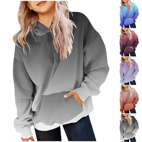 EMATOP Hoodie Pullover Teenager Mädchen Langarm Sportlich Kapuzenpullover mit Taschen Sweatshirt Lässig Locker Langarmshirts Baumwolle Bequem Kapuzenpulli Tops Bunte Farbverlauf Sweatjacke von EMATOP