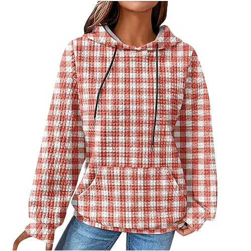 EMATOP Hoodies Damen Oversize Waffel Pullover Freizeit Sport Sweatshirt mit Kapuze Pulli Langarmshirt Baumwolle Kariertes Kapuzenpullover Weich Bequem Kapuzenpulli Herbst Winter Vintage Hoodie von EMATOP