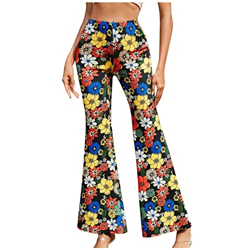 EMATOP Hose Damen Boho Strandhose Hippie Blumen Schlaghose Weites Bein Palazzo Sommerhose Elegant High Waist Bootcut Freizeithose Schön Blumen Druck Caprihose Elastische Taille Yogahose von EMATOP