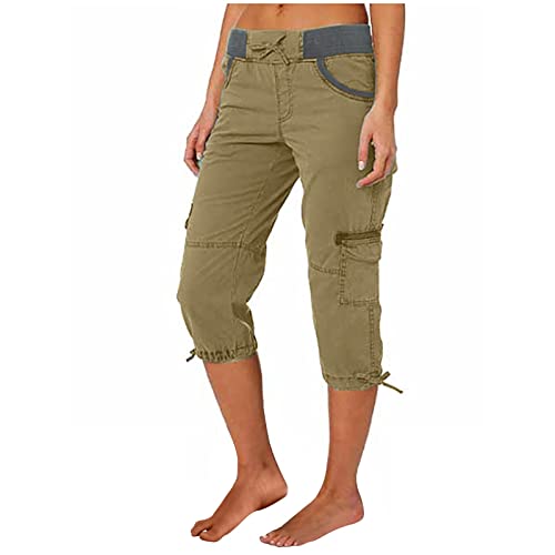 EMATOP Hosen Damen Leicht 3/4 Cargohose Sommer Capri Freizeithose Casual Regular Fit Sporthose Vintage Einfarbig Sweathose mit Taschen Wanderhose Schnell Trocknend Arbeitshose Shorts Caprihose von EMATOP