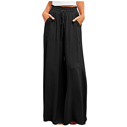 EMATOP Hosen Damen Locker Lang Sommerhose Weitem Bein Freizeithose Elastische Taille Strandhose Leichte Elegant Palazzo Hosen mit Taschen Yogahose Lässig Einfarbig Caprihose Frauen Streetwear von EMATOP