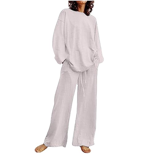 EMATOP Hosenanzug Damen Elegant 2-Teiler Leinenanzug Casual Oberteile und Weite Beine Hose Outfits Baumwolle Leinen Freizeitanzug Zweiteiler Einfarbig Sportanzüge Casual Locker Jogginganzug von EMATOP