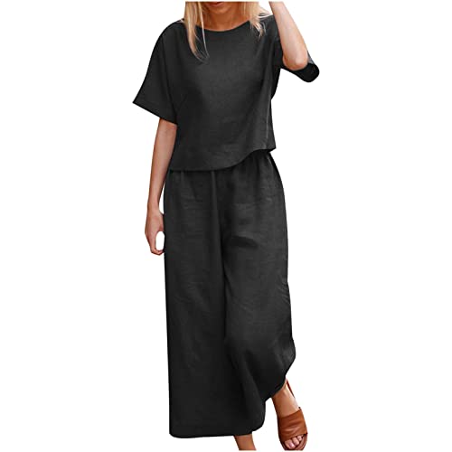 EMATOP Hosenanzug Damen Elegant Leinen Outfits Sommer Baumwolle Sportanzug Zweiteiler Kurzarm Tshirt Lang Hose Jogginganzug Leicht Einfarbig Tracksuit Casual Sport Sportanzug blitzangebote des tages von EMATOP