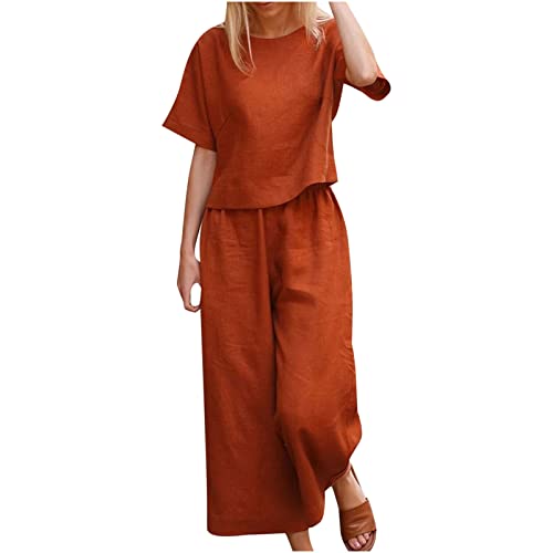 EMATOP Hosenanzug Damen Elegant Leinen Outfits Sommer Baumwolle Sportanzug Zweiteiler Kurzarm Tshirt Lang Hose Jogginganzug Leicht Einfarbig Tracksuit Casual Sport Sportanzug coupons angebote von EMATOP