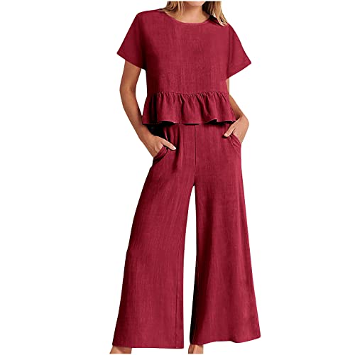 EMATOP Hosenanzug Damen Zweiteiler Sommer Outfits Baumwolle Leinen Freizeitanzug Elegant Kurze Ärmel Oberteile und Hose mit Taschen Trainingsanzug Leicht Einfarbig Sportanzug 2 Teiler Loungewear von EMATOP