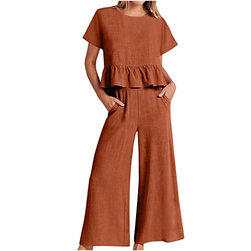 EMATOP Hosenanzug Damen Zweiteiler Sommer Outfits Baumwolle Leinen Freizeitanzug Elegant Kurze Ärmel Oberteile und Hose mit Taschen Trainingsanzug Leicht Einfarbig Sportanzug 2 Teiler Loungewear von EMATOP