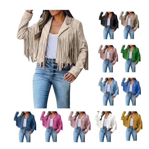 EMATOP Jacke Damen Freizeit Langarm Bikerjacke Faux Wildleder Lederjacke mit Quasten Strickjacke Casual Einfarbig Übergangsjacke Kurze Elegant Fransenmantel Herbst Winter Outdoor Mantel Frauen von EMATOP