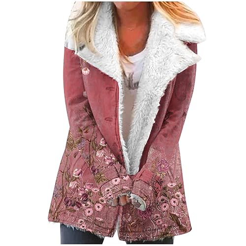 EMATOP Jacke Damen Lange Warm Winterparka Fleece Gefüttert Mantel Mode Revers Winterjacke Herbst Winter Übergangsjacke Vintage Blumen Druck Fleecejacke Elegant Kuschelig Wintermantel Outwear von EMATOP