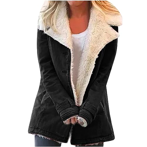 EMATOP Jacke Damen Warm Fleecejacke Lang Elegant Parka Mantel Flauschig Fleece Winterjacke Mode Revers Plüschjacke Baumwolle Einfarbig Wintermantel Herbst Winter Casual Übergangsjacke Outwear von EMATOP