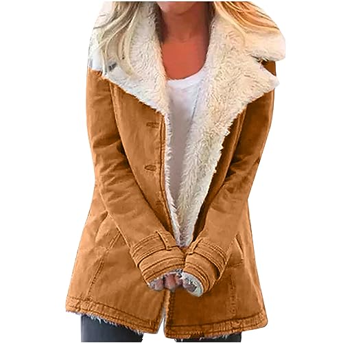 EMATOP Jacke Damen Warm Fleecejacke Lang Elegant Parka Mantel Flauschig Fleece Winterjacke Mode Revers Plüschjacke Baumwolle Einfarbig Wintermantel Herbst Winter Casual Übergangsjacke Outwear von EMATOP