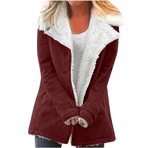 EMATOP Jacke Damen Warm Fleecejacke Lang Elegant Parka Mantel Flauschig Fleece Winterjacke Mode Revers Plüschjacke Baumwolle Einfarbig Wintermantel Herbst Winter Casual Übergangsjacke Outwear von EMATOP