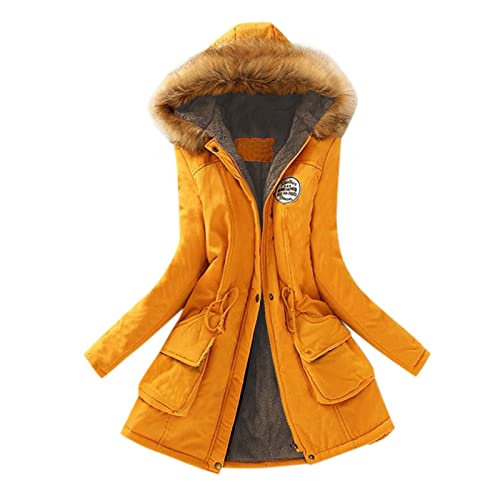 EMATOP Jacke Damen Winterjacke Lang Mantel Warme Softshelljacke mit Kapuze Casual Lose Parka Übergangsjacke Winter Fleecejacke Steppjacke Einfarbig Elegant Hoodie Mode Cardigan Tailliert Outwear von EMATOP