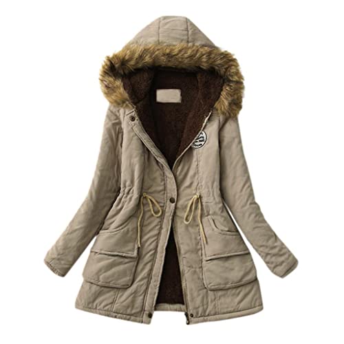 EMATOP Jacke Damen Winterjacke Lang Mantel Warme Softshelljacke mit Kapuze Casual Lose Parka Übergangsjacke Winter Fleecejacke Steppjacke Einfarbig Elegant Hoodie Mode Cardigan Tailliert Outwear von EMATOP