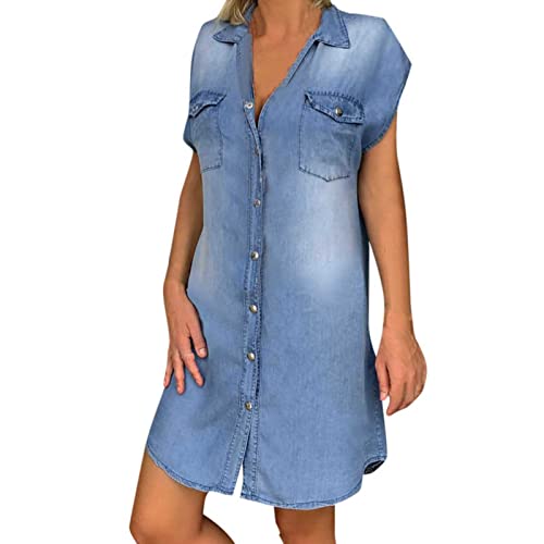 EMATOP Jeanskleid Damen Sommer Kurzarm Denim Kleid V-Ausschnitt Button Down Hemdkleid Kurz Vintage Blusenkleid Knielang Sommerkleid Lose Einfarbig Freizeitkleid Leicht Baumwolle Strandkleid von EMATOP