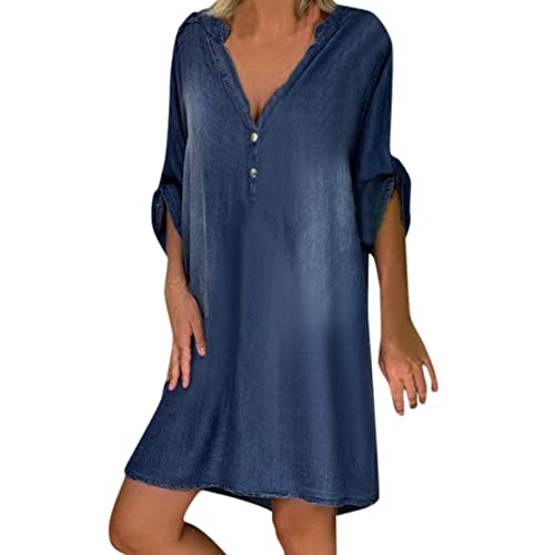 EMATOP Jeanskleid Damen Sommer Kurzarm Denim Kleid V-Ausschnitt Button Down Hemdkleid Kurz Vintage Blusenkleid Knielang Sommerkleid Lose Einfarbig Freizeitkleid Leicht Baumwolle Strandkleid EMATOP Jeanskleid Damen Sommer Kurzarm Denim Kleid V-Ausschnitt Button Down Hemdkleid Kurz Vintage Blusenkleid Knielang Sommerkleid Lose Einfarbig Freizeitkleid Leicht Baumwolle Strandkleid von EMATOP