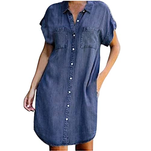 Jeanskleid Kurzarm Damen Sommer Denimkleid Knielang Tunika Blusenkleid Lässig Vintage A-Linie Kleid V-Ausschnitt Elegant Strandkleid mit Taschen Sommerkleid Trendige Streetwear von EMATOP