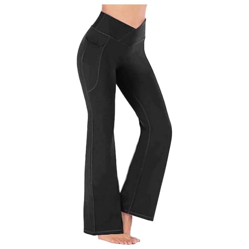 EMATOP Jogginghose Damen Lang Schlag Hosen High Waist Elegant Sommerhose Boho Strandhose Stretch Yogahose mit Taschen Freizeithose Einfarbig Blumen Druck Schlaghose Weites Bein Caprihose von EMATOP