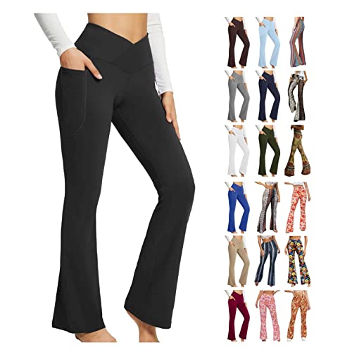 EMATOP Jogginghose Damen Lang Schlag Hosen High Waist Elegant Sommerhose Boho Strandhose Stretch Yogahose mit Taschen Freizeithose Einfarbig Blumen Druck Schlaghose Weites Bein Caprihose von EMATOP