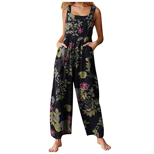 EMATOP Jumpsuit Damen Elegant Sommer Hosenanzug Ärmellos Overall Baumwolle Leinen Strampler Rompers Weitem Bein Playsuit Beiläufig Einfarbig Blumendruck Hosen Frauen Latzhose mit Taschen von EMATOP