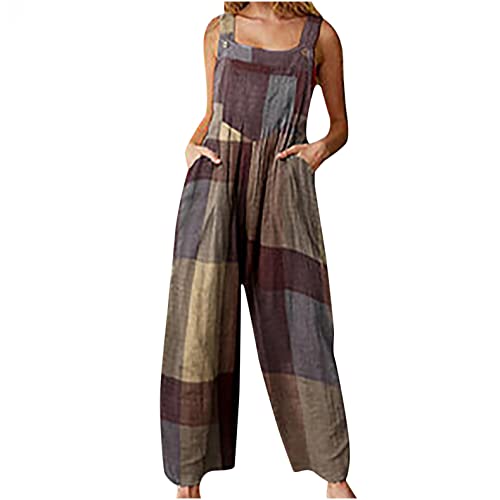 EMATOP Jumpsuit Damen Elegant Sommer Hosenanzug Ärmellos Overall Baumwolle Leinen Strampler Rompers Weitem Bein Playsuit Beiläufig Einfarbig Blumendruck Hosen Frauen Latzhose mit Taschen von EMATOP