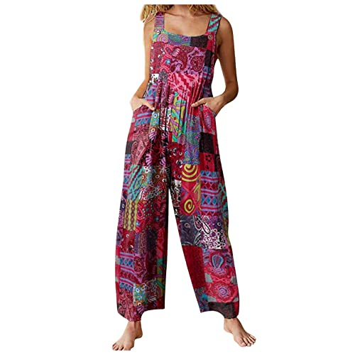 EMATOP Jumpsuit Damen Elegant Sommer Hosenanzug Ärmellos Overall Baumwolle Leinen Strampler Rompers Weitem Bein Playsuit Beiläufig Einfarbig Blumendruck Hosen Frauen Latzhose mit Taschen von EMATOP