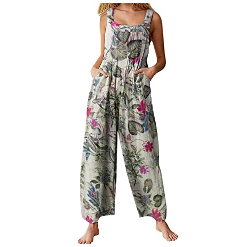 EMATOP Jumpsuit Damen Elegant Sommer Hosenanzug Ärmellos Overall Baumwolle Leinen Strampler Rompers Weitem Bein Playsuit Beiläufig Einfarbig Blumendruck Hosen Frauen Latzhose mit Taschen von EMATOP