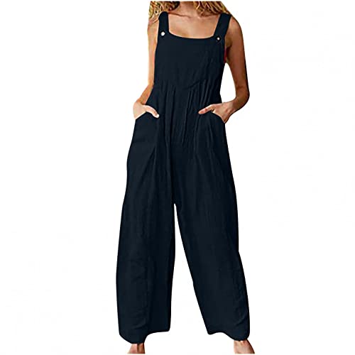 EMATOP Jumpsuit Damen Elegant Sommer Hosenanzug Ärmellos Overall Baumwolle Leinen Strampler Rompers Weitem Bein Playsuit Beiläufig Einfarbig Blumendruck Hosen Frauen Latzhose mit Taschen von EMATOP