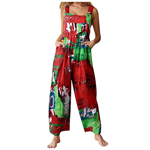 EMATOP Jumpsuit Damen Elegant Sommer Hosenanzug Ärmellos Overall Baumwolle Leinen Strampler Rompers Weitem Bein Playsuit Beiläufig Einfarbig Blumendruck Hosen Frauen Latzhose mit Taschen von EMATOP