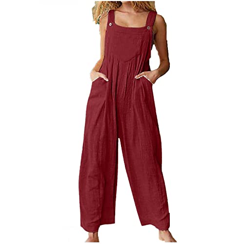 EMATOP Jumpsuit Damen Elegant Sommer Hosenanzug Ärmellos Overall Baumwolle Leinen Strampler Rompers Weitem Bein Playsuit Beiläufig Einfarbig Blumendruck Hosen Frauen Latzhose mit Taschen von EMATOP