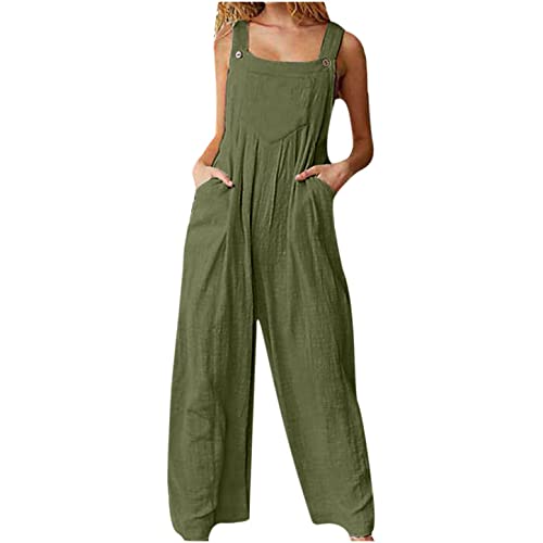 EMATOP Jumpsuit Damen Elegant Sommer Hosenanzug Ärmellos Overall Baumwolle Leinen Strampler Rompers Weitem Bein Playsuit Beiläufig Einfarbig Blumendruck Hosen Frauen Latzhose mit Taschen von EMATOP