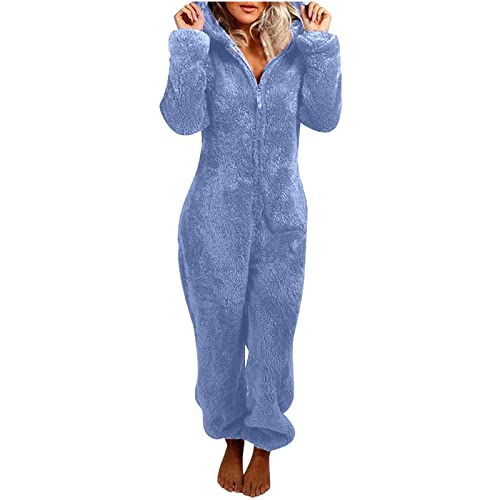 Warmer Fleece Overall Damen Kuschelig Jumpsuit Plüsch Schlafanzug Elegant Einteiler Onesie Langarm Einfarbig Pyjama Flauschig Lang Schlafoverall mit Kapuze & Reißverschluss Hausanzug von EMATOP