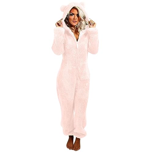 Jumpsuit Damen Kuschelig Einteiler Overall Lange Warm Schlafanzug Teddy Fleece Schlafoverall Winter Flauschig Onesie Einfarbig Plüsch Hausanzug mit Kapuze Pyjama Anzug Ganzkörperanzug von EMATOP