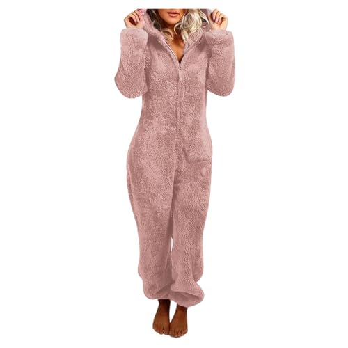 Jumpsuit Damen Kuschelig Einteiler Overall Lange Warm Schlafanzug Teddy Fleece Schlafoverall Winter Flauschig Onesie Einfarbig Plüsch Hausanzug mit Kapuze Pyjama Anzug Ganzkörperanzug von EMATOP