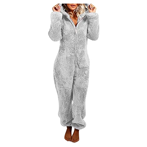 EMATOP Jumpsuit Damen Kuschelig Einteiler Overall Lange Warm Schlafanzug Teddy Fleece Schlafoverall Winter Flauschig Onesie Einfarbig Plüsch Hausanzug mit Kapuze Pyjama Anzug Ganzkörperanzug von EMATOP