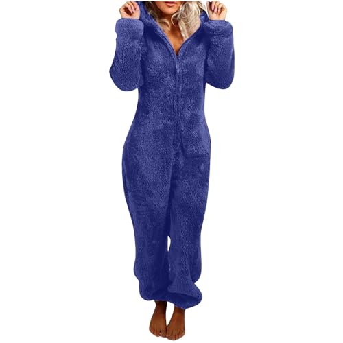 Jumpsuit Damen Kuschelig Einteiler Overall Lange Warm Schlafanzug Teddy Fleece Schlafoverall Winter Flauschig Onesie Einfarbig Plüsch Hausanzug mit Kapuze Pyjama Anzug Ganzkörperanzug von EMATOP
