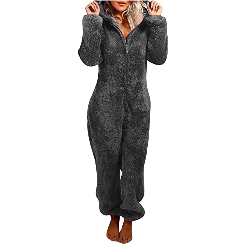 Jumpsuit Damen Kuschelig Einteiler Overall Lange Warm Schlafanzug Teddy Fleece Schlafoverall Winter Flauschig Onesie Einfarbig Plüsch Hausanzug mit Kapuze Pyjama Anzug Ganzkörperanzug von EMATOP